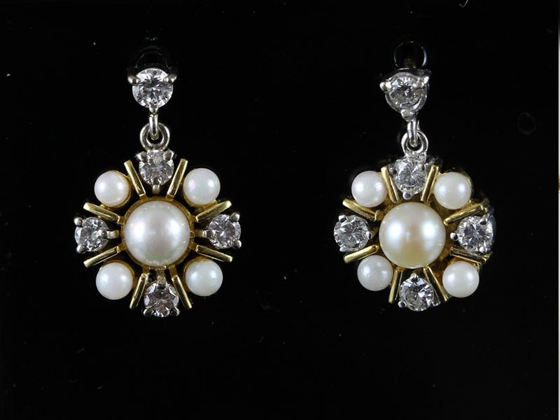 Elegant pair of natural pearl and diamond cluster 18 carat gold ear rings