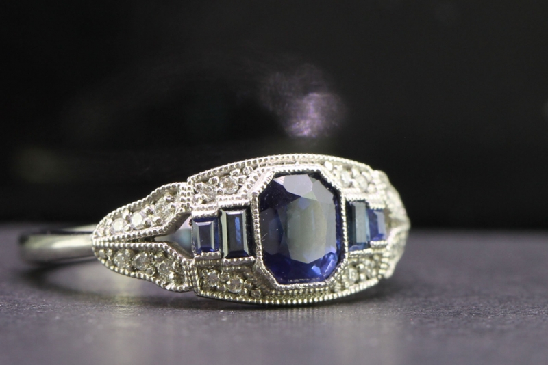 Fabulous art deco inspired sapphire and diamond platinum ring