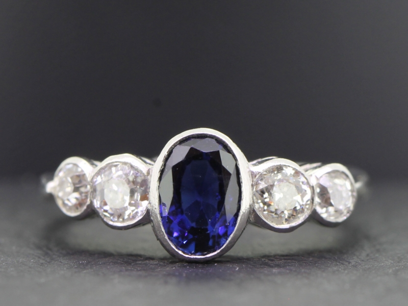 Stunning sapphire and diamond platinum five stone art deco inspired ring