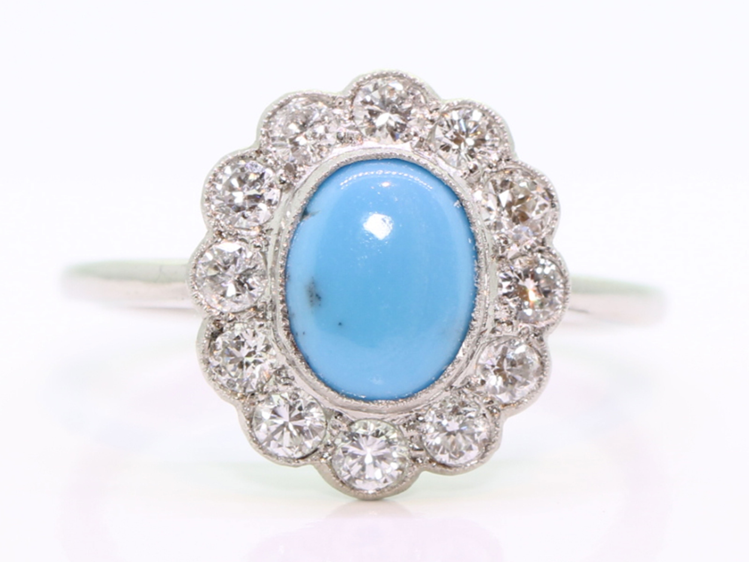 Edwardian platinum natural turquoise and diamond cluster ring