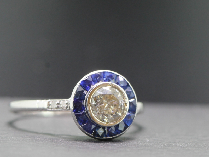 Beautiful diamond and sapphire art deco inspired platinum ring