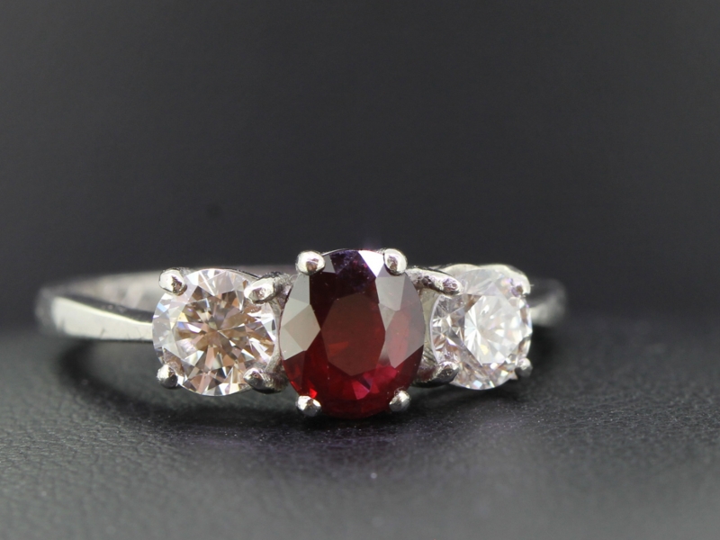 Stunning  ruby and diamond three stone platinum ring