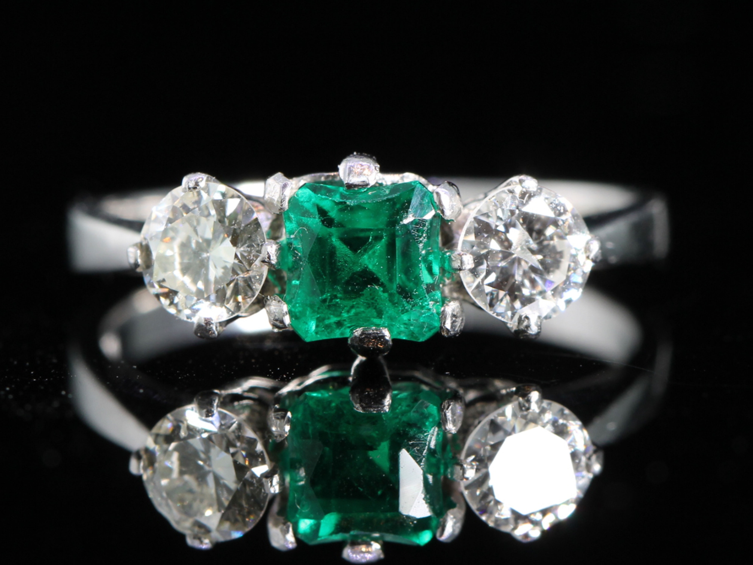 Art deco emerald and diamond platinum trilogy ring