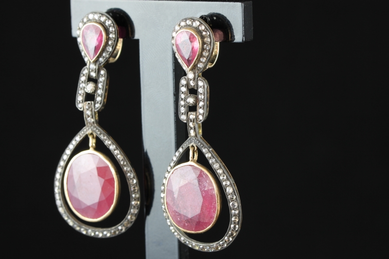 Dramatic ruby and rose cut diamond gold and silver earrings