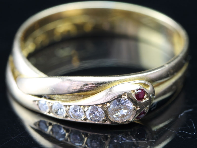  beautiful edwardian diamond and ruby snake 18 carat gold ring