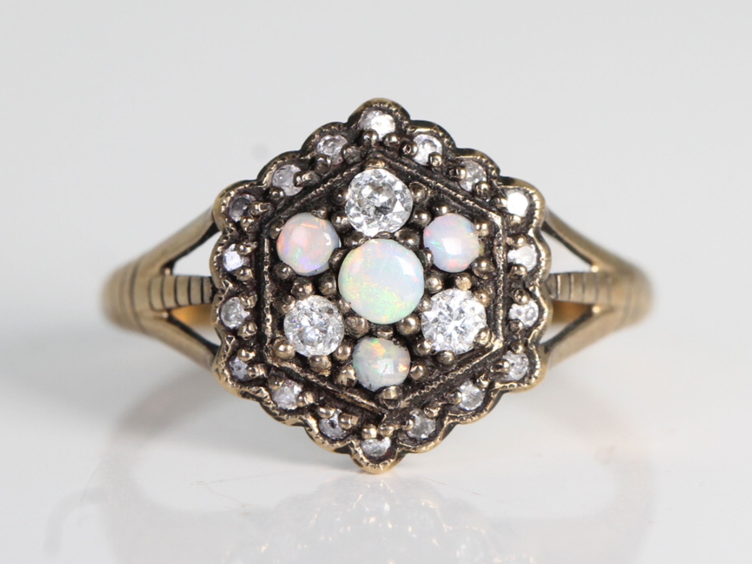 Vintage opal and diamond 9ct gold cluster ring