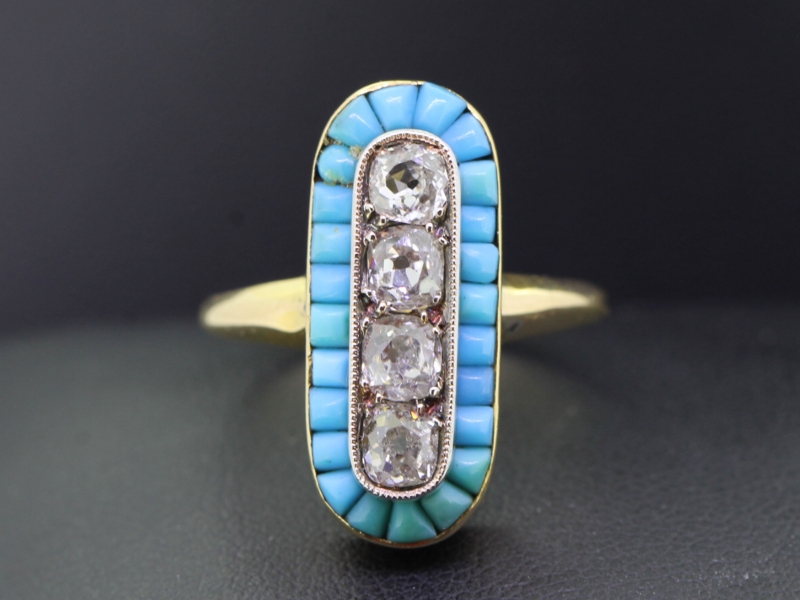Fabulous victorian diamond and turquoise 18 carat gold plaque ring