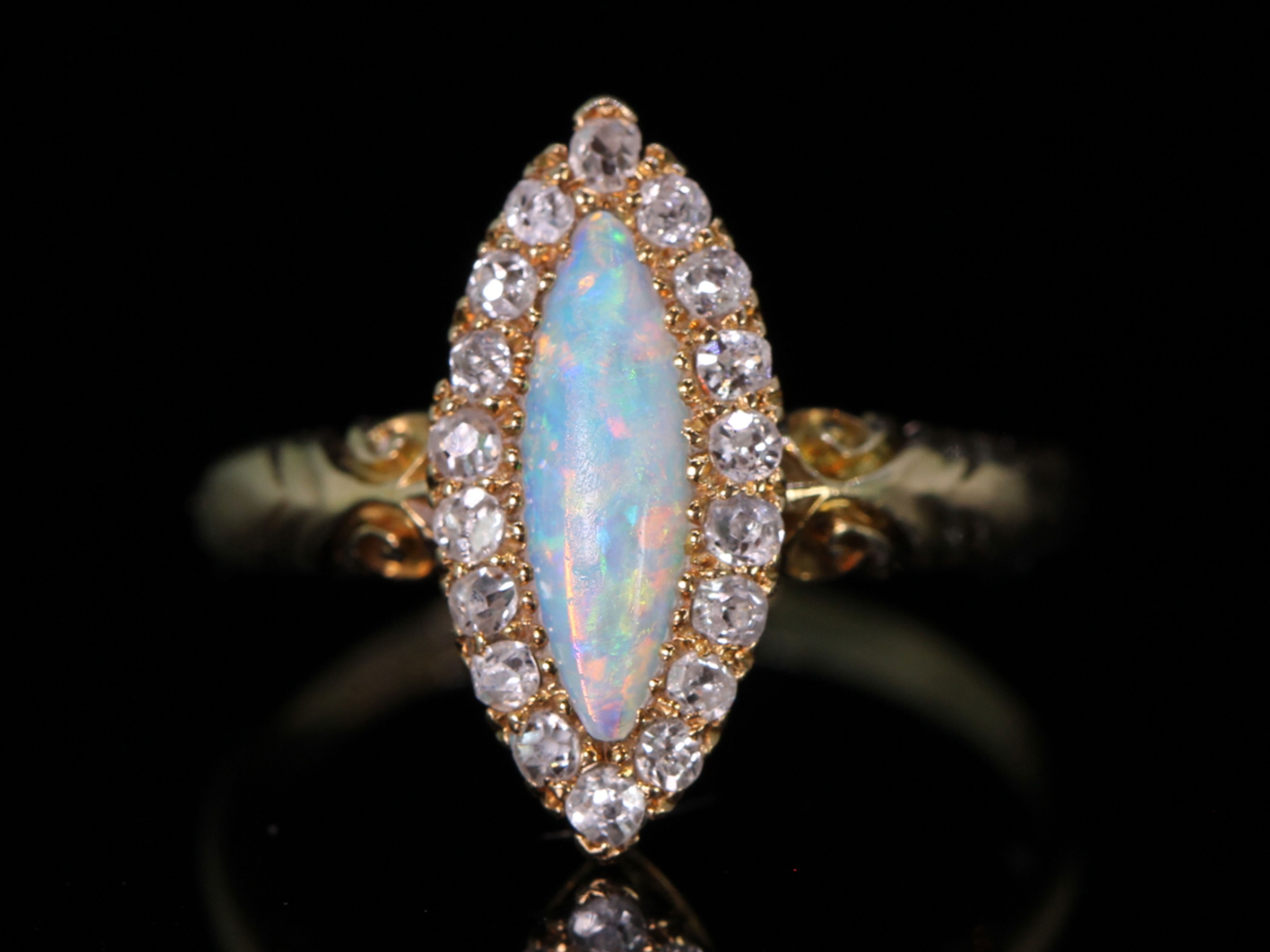 Victorian navette opal an diamond 18ct gold ring