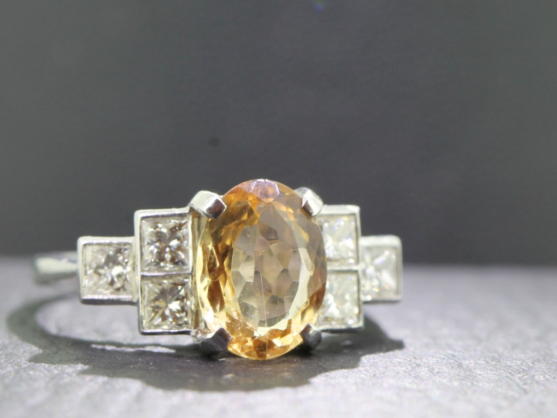 Beautiful imperial topaz and diamond art deco inspired 18 carat gold ring