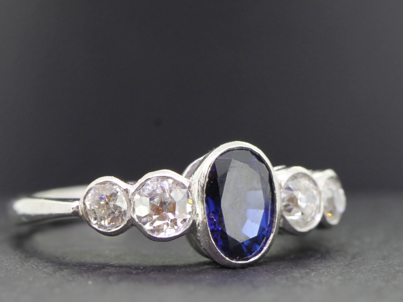 Stunning sapphire and diamond platinum five stone art deco inspired ring