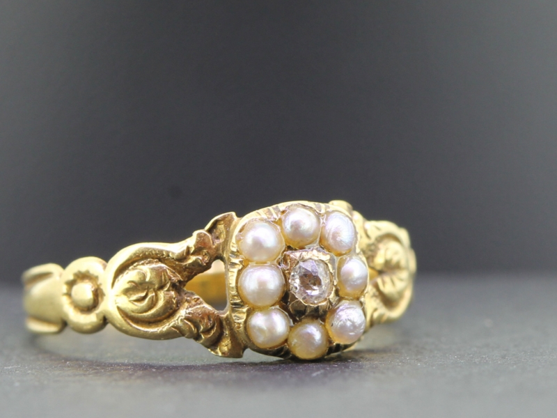 Pretty edwardian diamond and pearl 15 carat gold ring