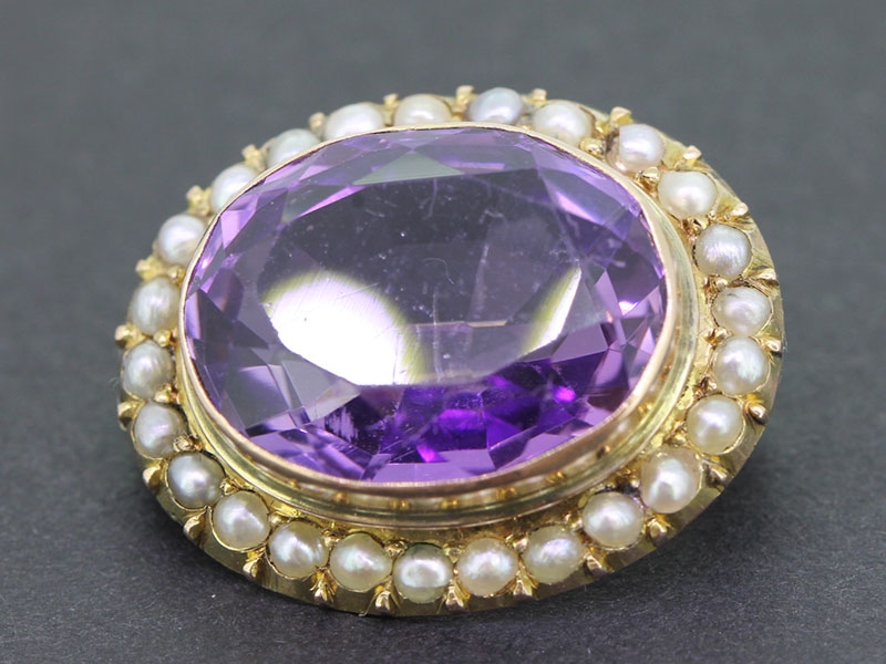 Exquisite antique 9 carat gold amethyst and seed pearl brooch