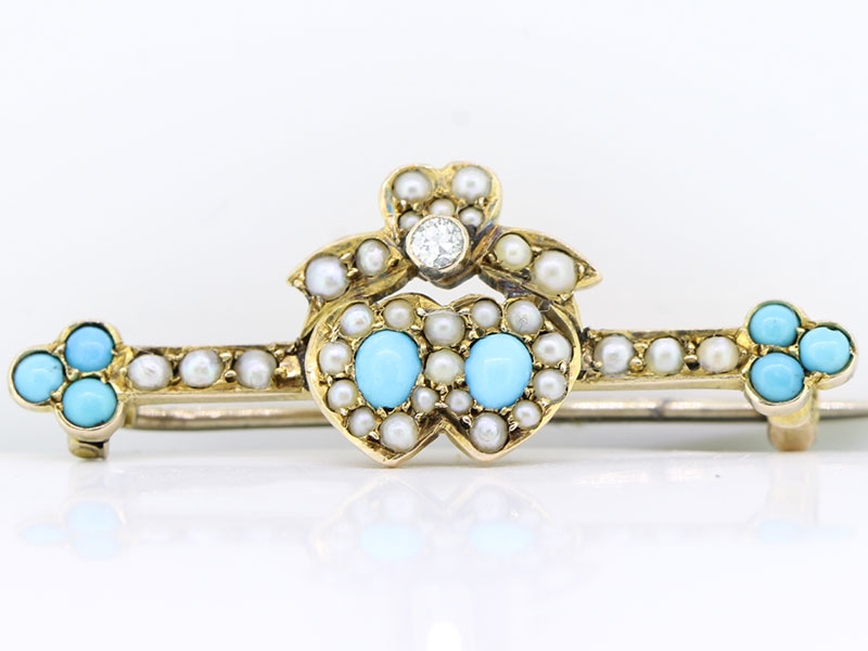 Fabulous turquoise pearl and diamond double heart 15 carat gold brooch