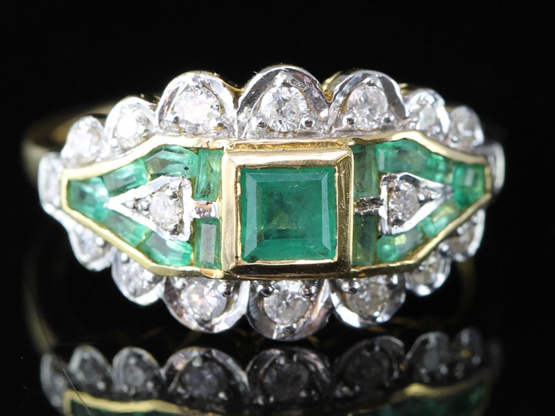 Stunning art deco inspired emerald and diamond pave set 18 carat gold ring