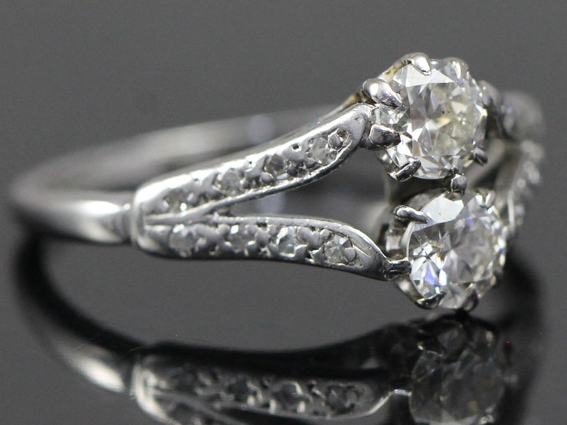 Unique art deco two stone diamond platinum ring