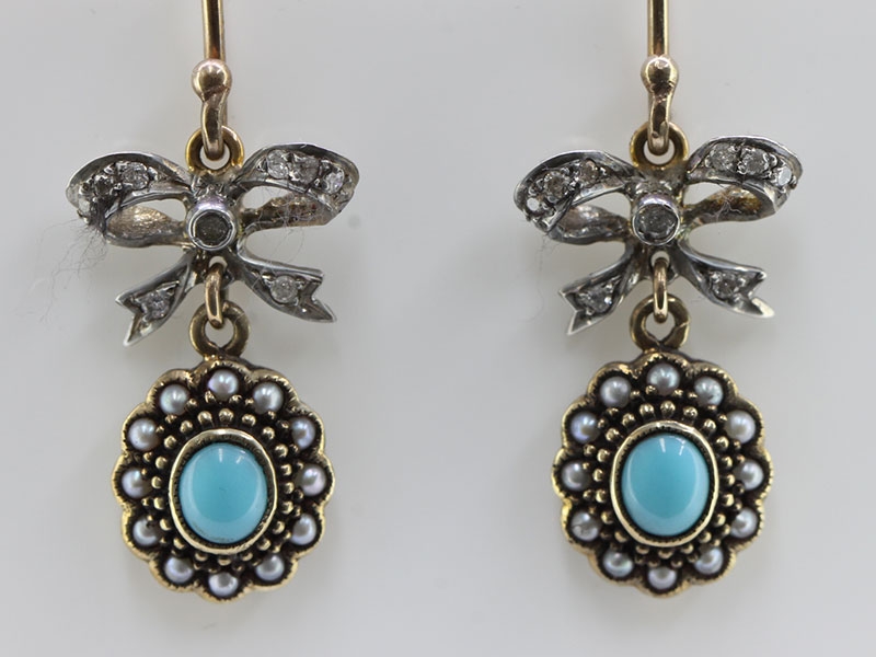 Sophisticated diamond, seed pearl and turquoise 9 carat gold earrings