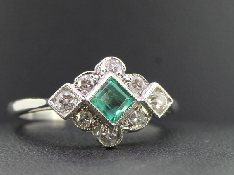 Fabulous emerald and diamond platinum art deco inspired ring