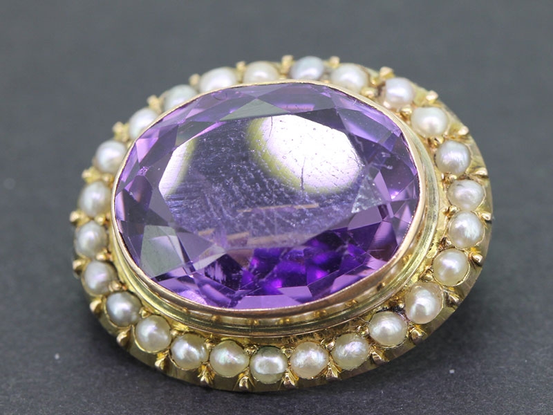 Exquisite antique 9 carat gold amethyst and seed pearl brooch