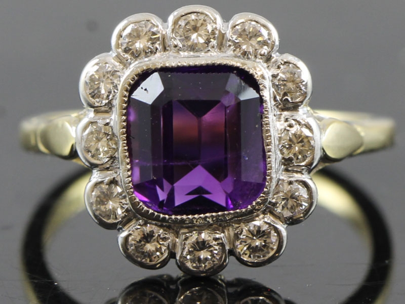 Fabulous amethyst and diamond 18 carat gold cluster ring