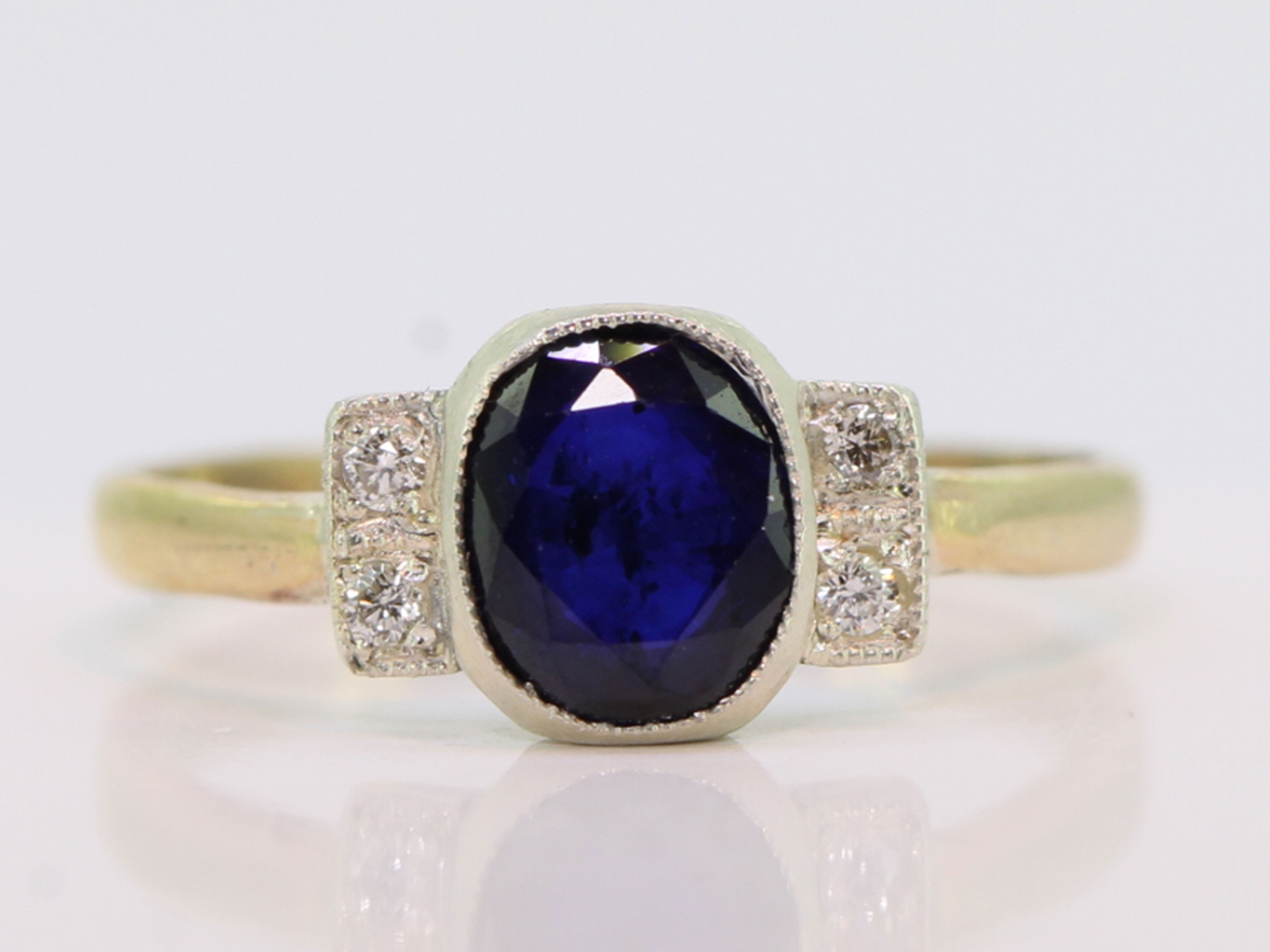 Sapphire and diamond art deco inspired silver and 9 carat gold ring