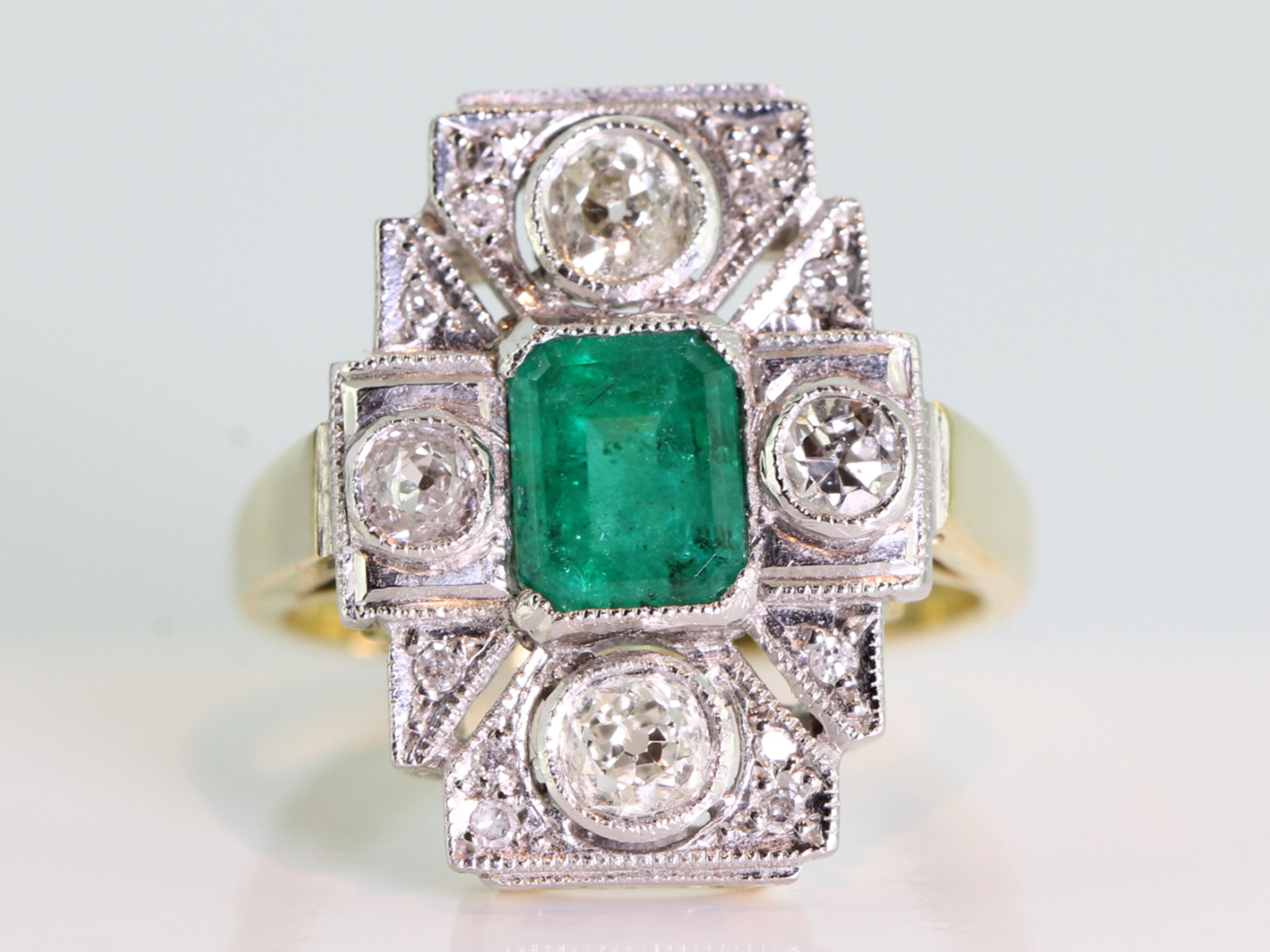 Colombian emerald and diamond 18 carat gold art deco inspired ring