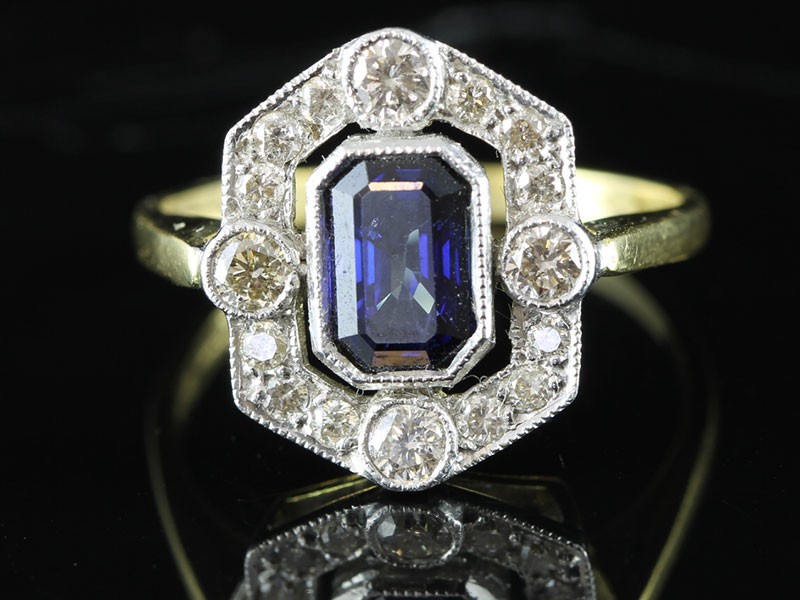 Irresistable inspired art deco sapphire and diamond 18 carat ring