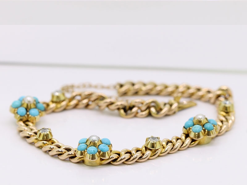 Stunning edwardian turquoise, pearl and diamond 15 carat gold bracelet