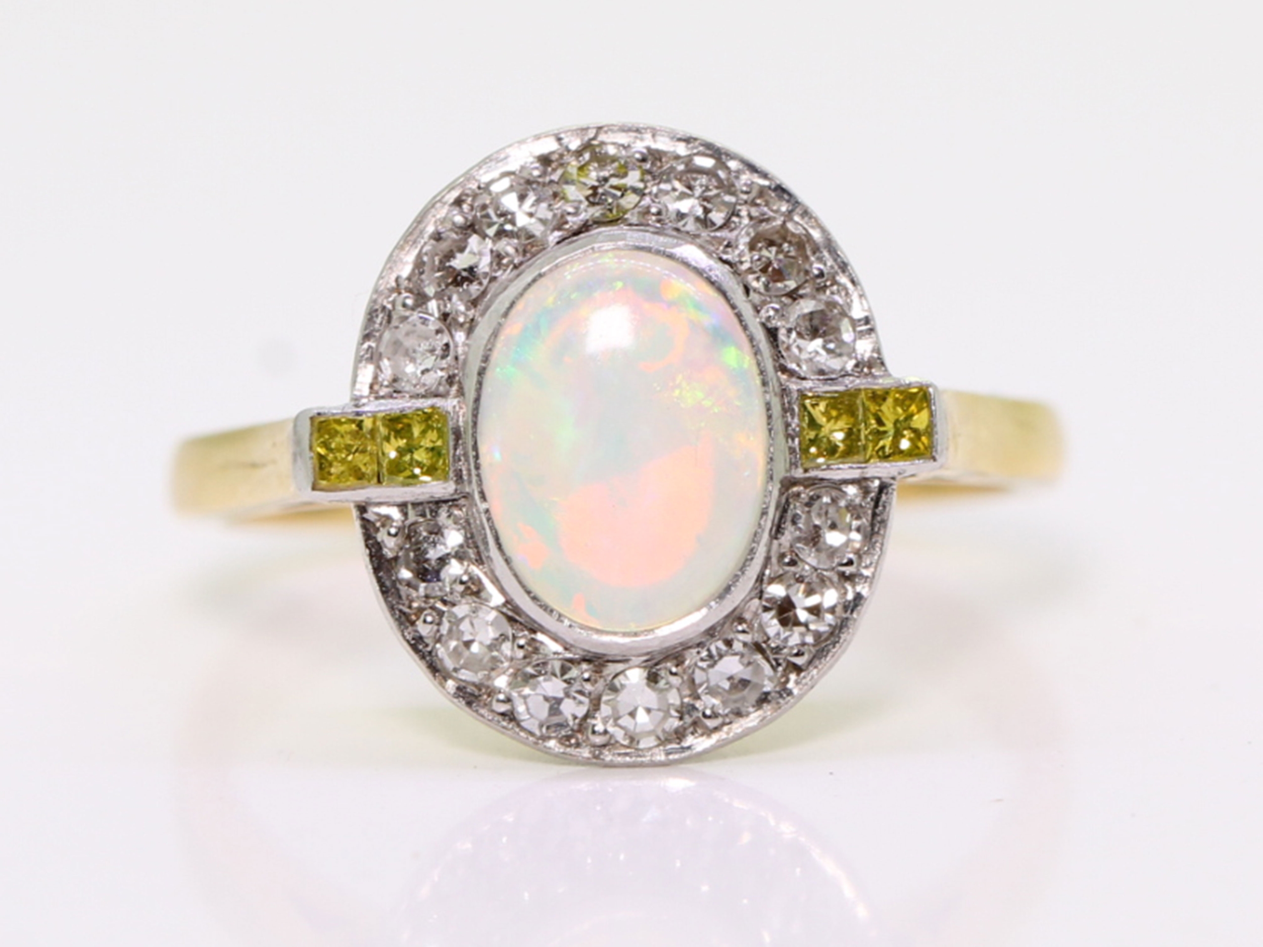 Art deco style opal and diamond 18ct gold cluster ring 