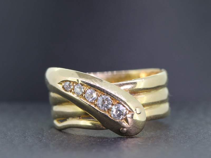 English Victorian Double Diamond-Headed Snake Ring, Circa 1885