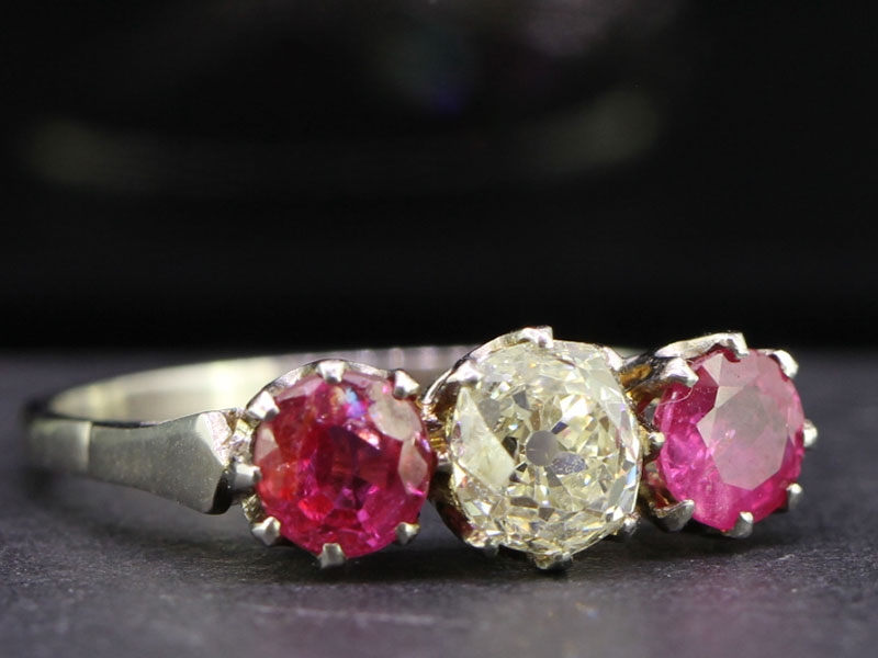Stunning burmese ruby and diamond three stone platinum ring