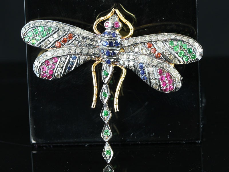Magnificent tsavorite, ruby, sapphire and diamond jewelled dragonfly silver/gold brooch