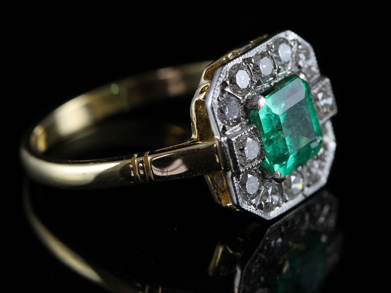 Wonderful art deco inspired emerald and diamond 18 carat gold ring