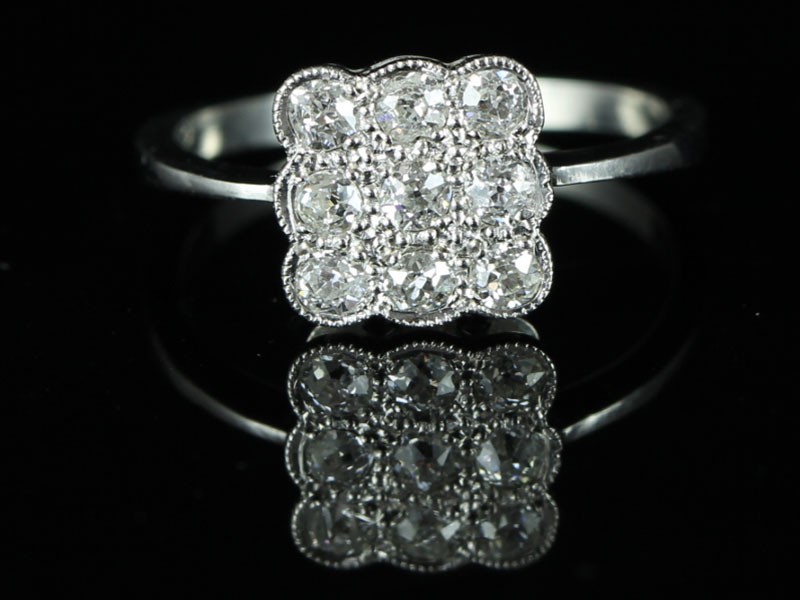 Stunning square art-deco diamond cluster ring in platinum