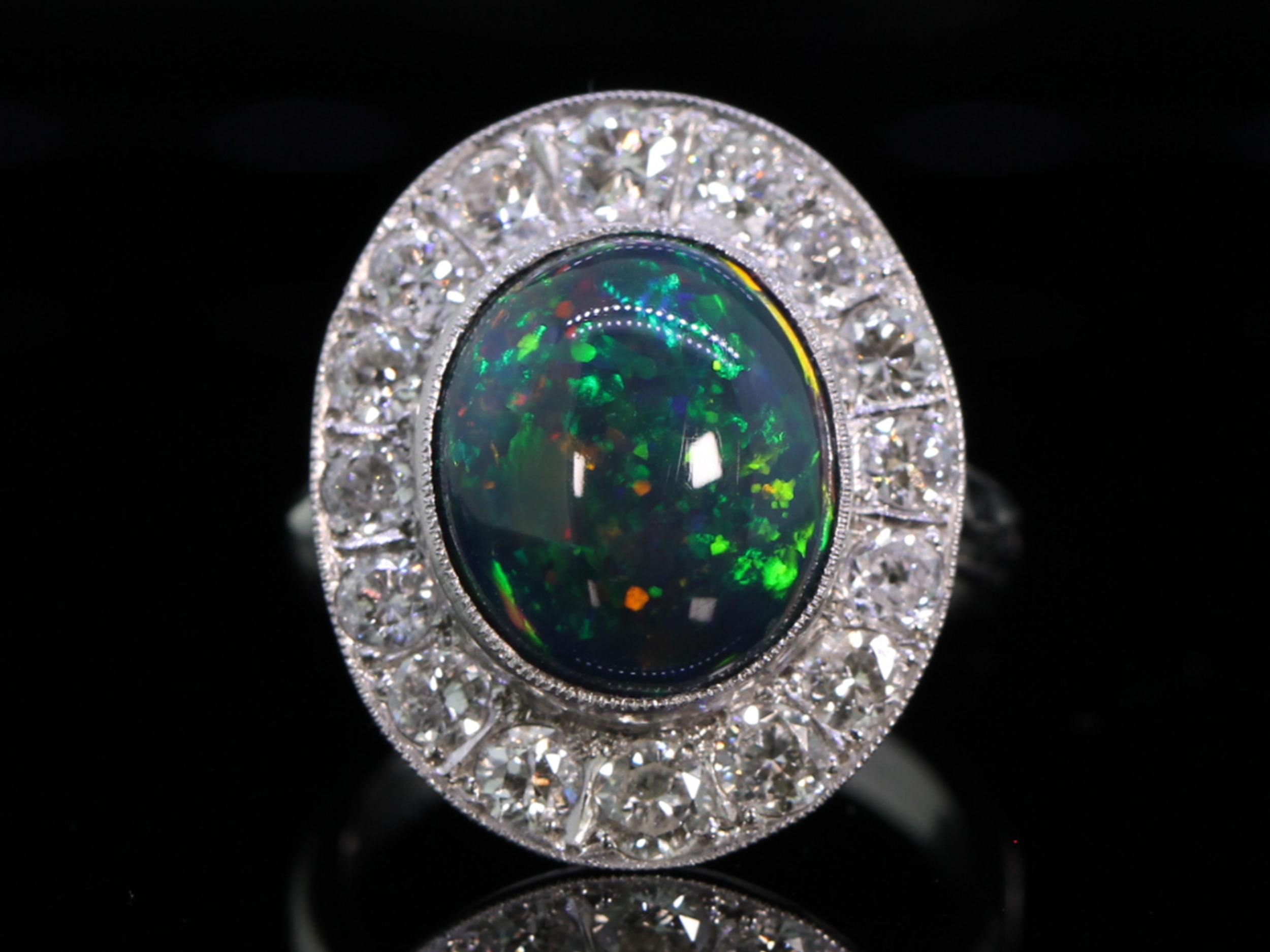 Art deco 5ct black opal and diamond platinum cluster ring 