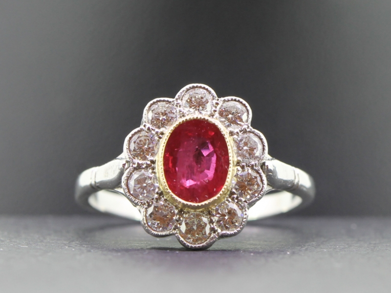  fabulous ruby and diamond 18 carat gold and platinum cluster ring.