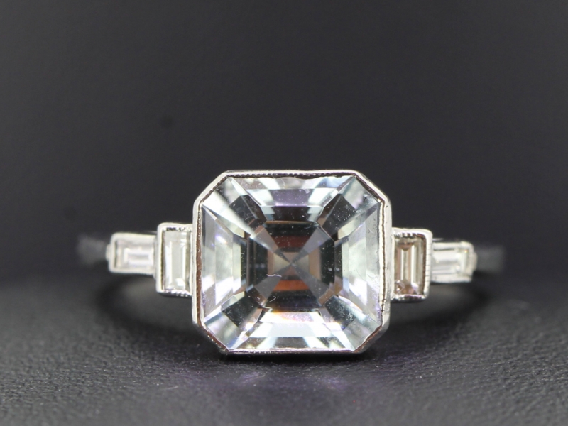 Beautiful aquamarine and diamond platinum art deco inspired ring