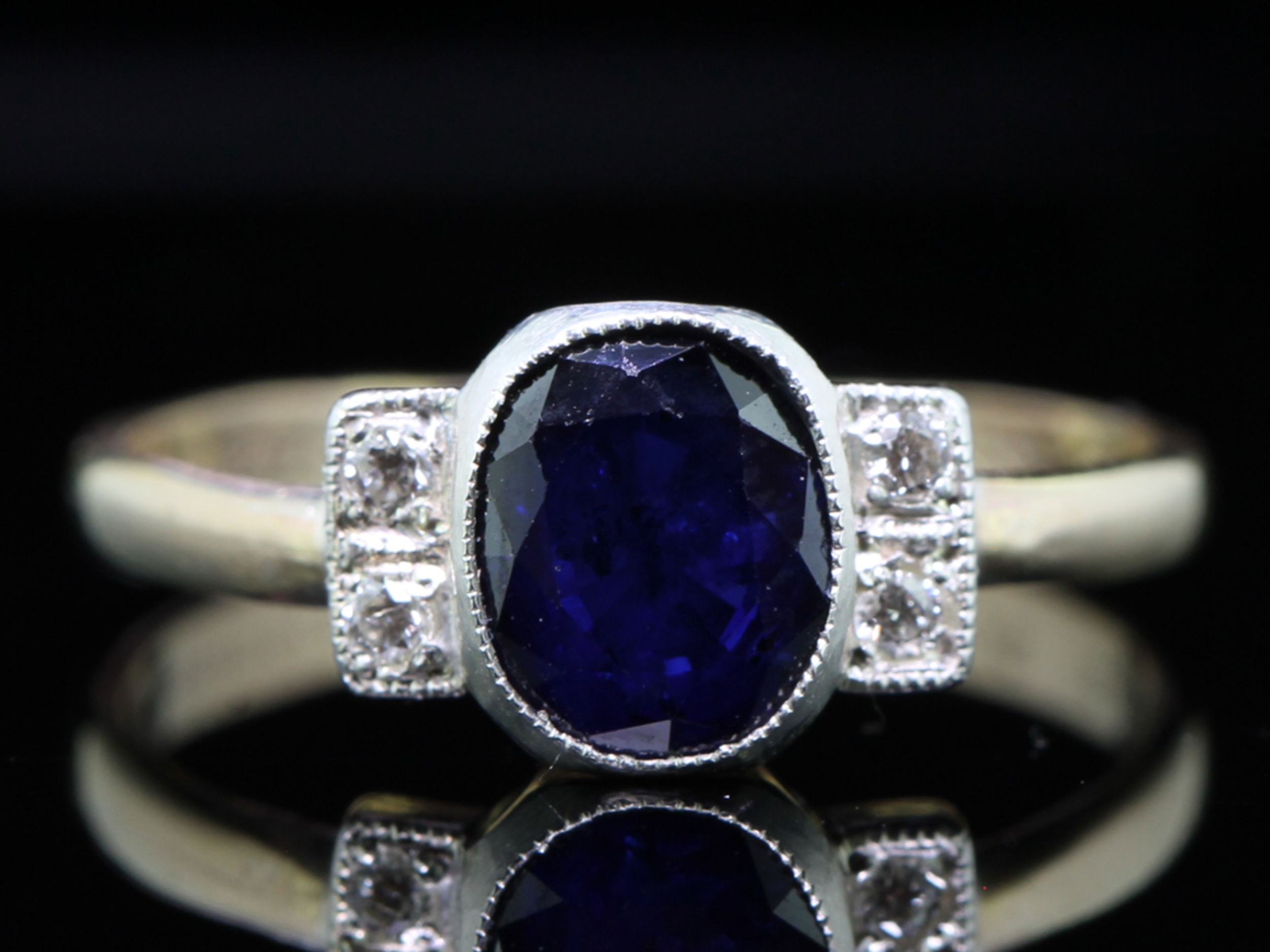 Sapphire and diamond art deco inspired silver and 9 carat gold ring