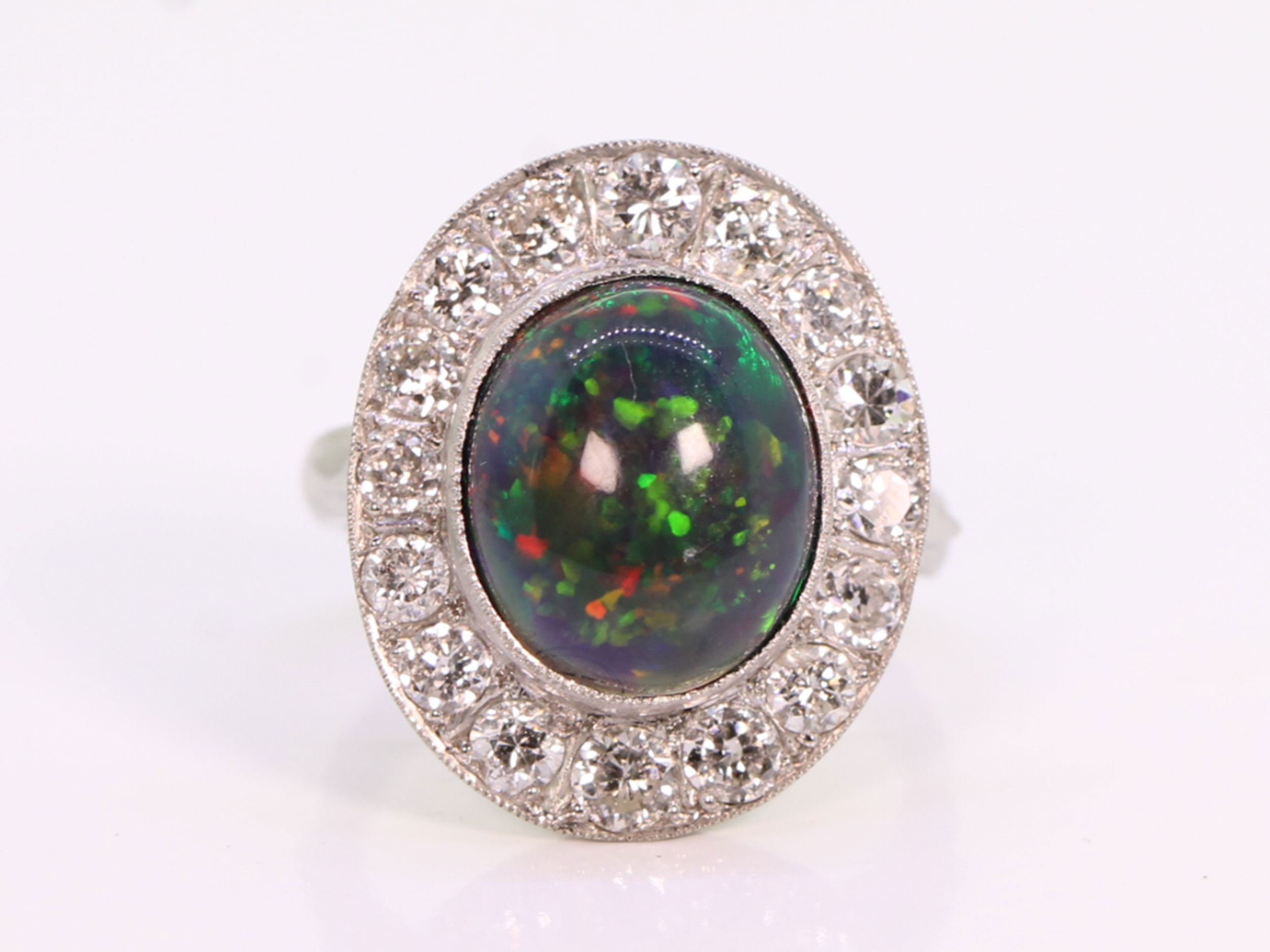 Art deco 5ct black opal and diamond platinum cluster ring 