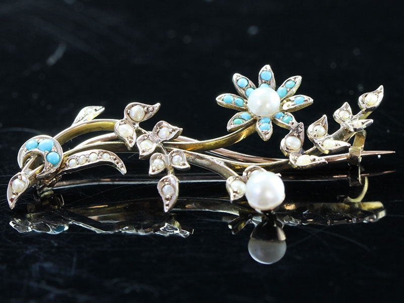 Fine edwardian 15 carat gold natural seed pearl and turquoise floral spray brooch