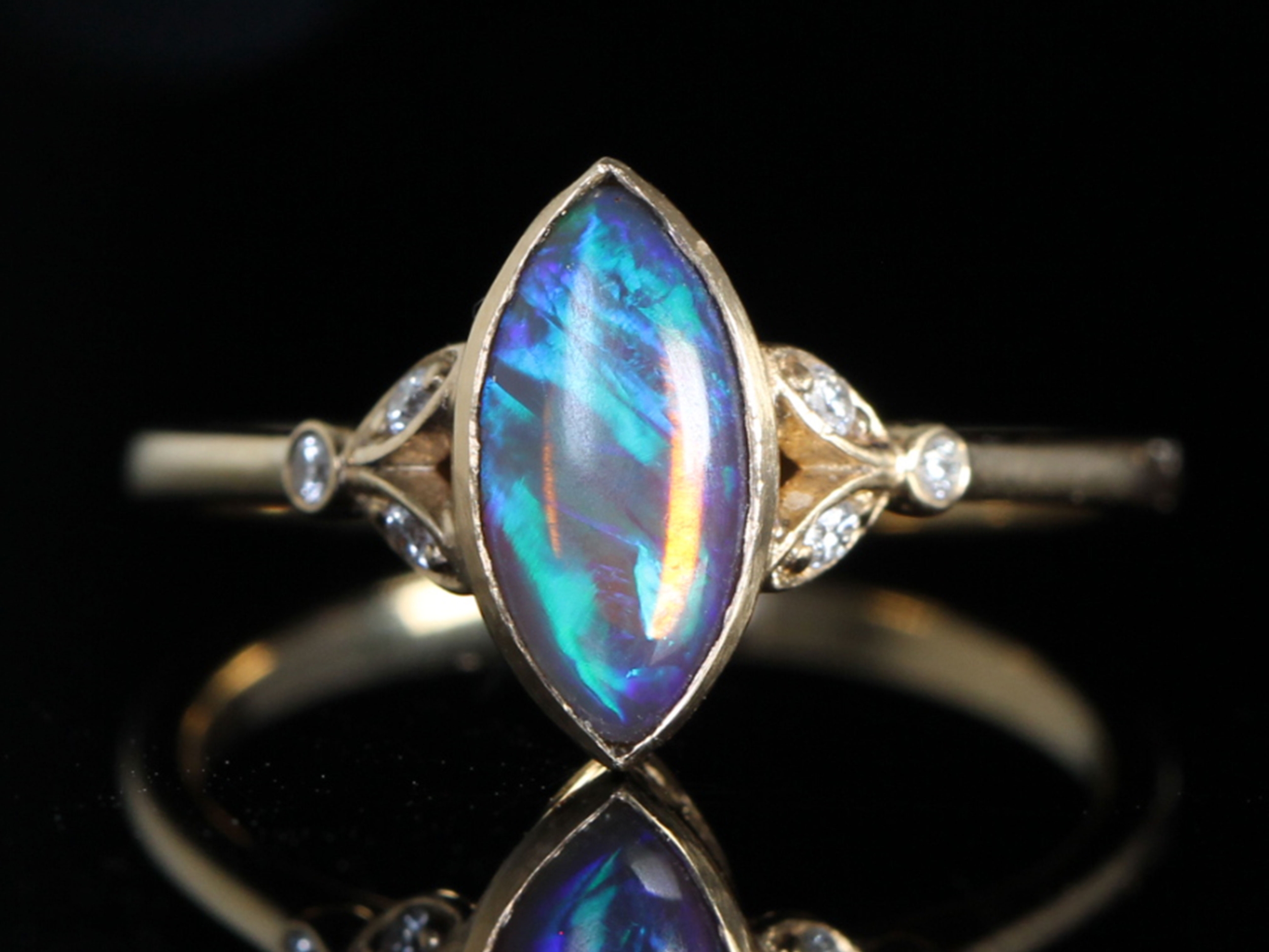 Vintage natural solid black opal and diamond 14ct gold ring