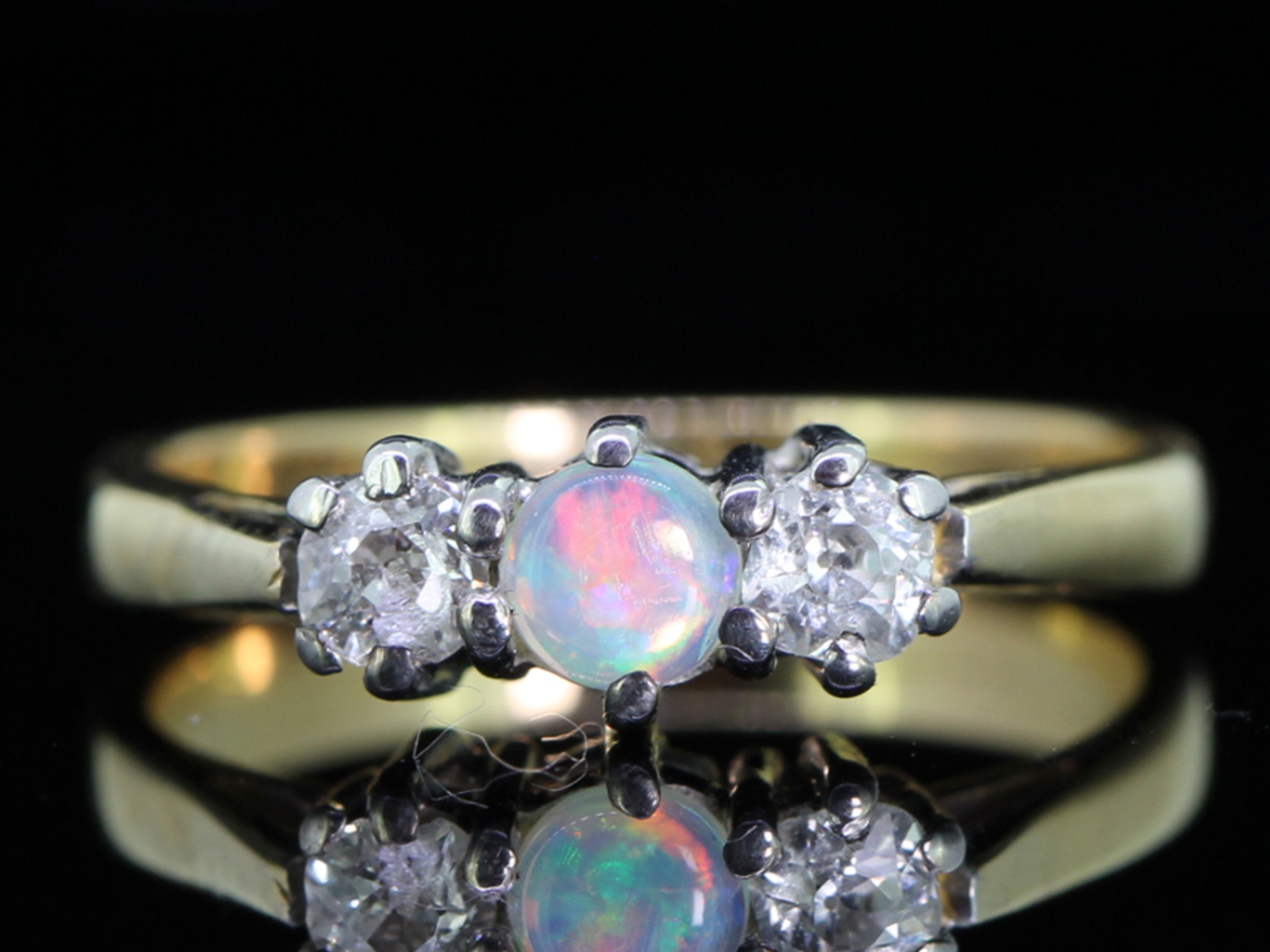 Sweet vintage opal and diamond 18 carat gold trilogy ring
