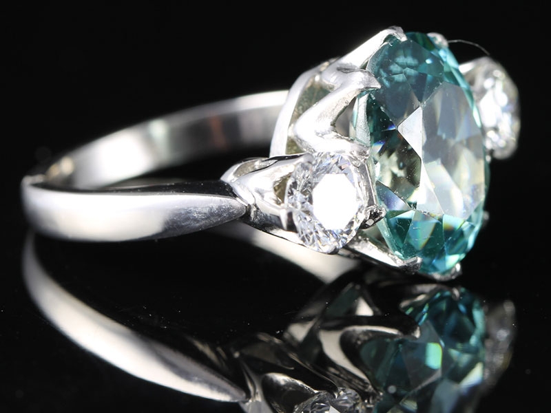 Fabulous rare 8.23ct natural blue zircon and diamond platinum trilogy ring