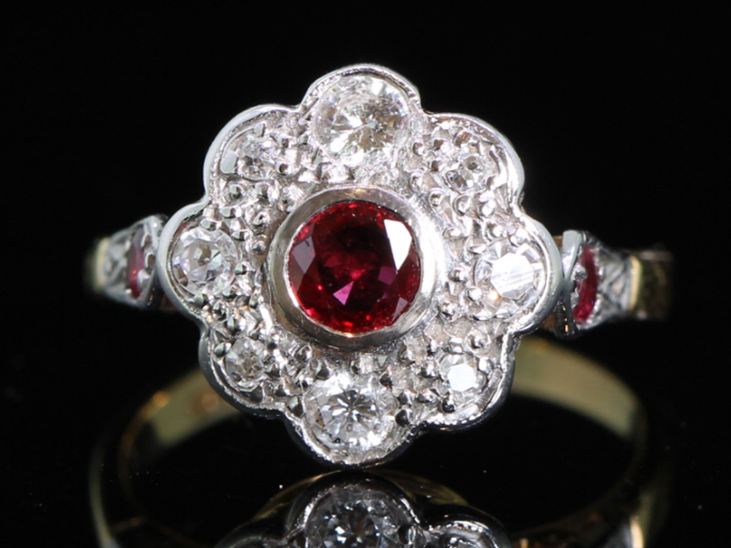 Edwardian ruby and diamond 18ct gold cluster ring