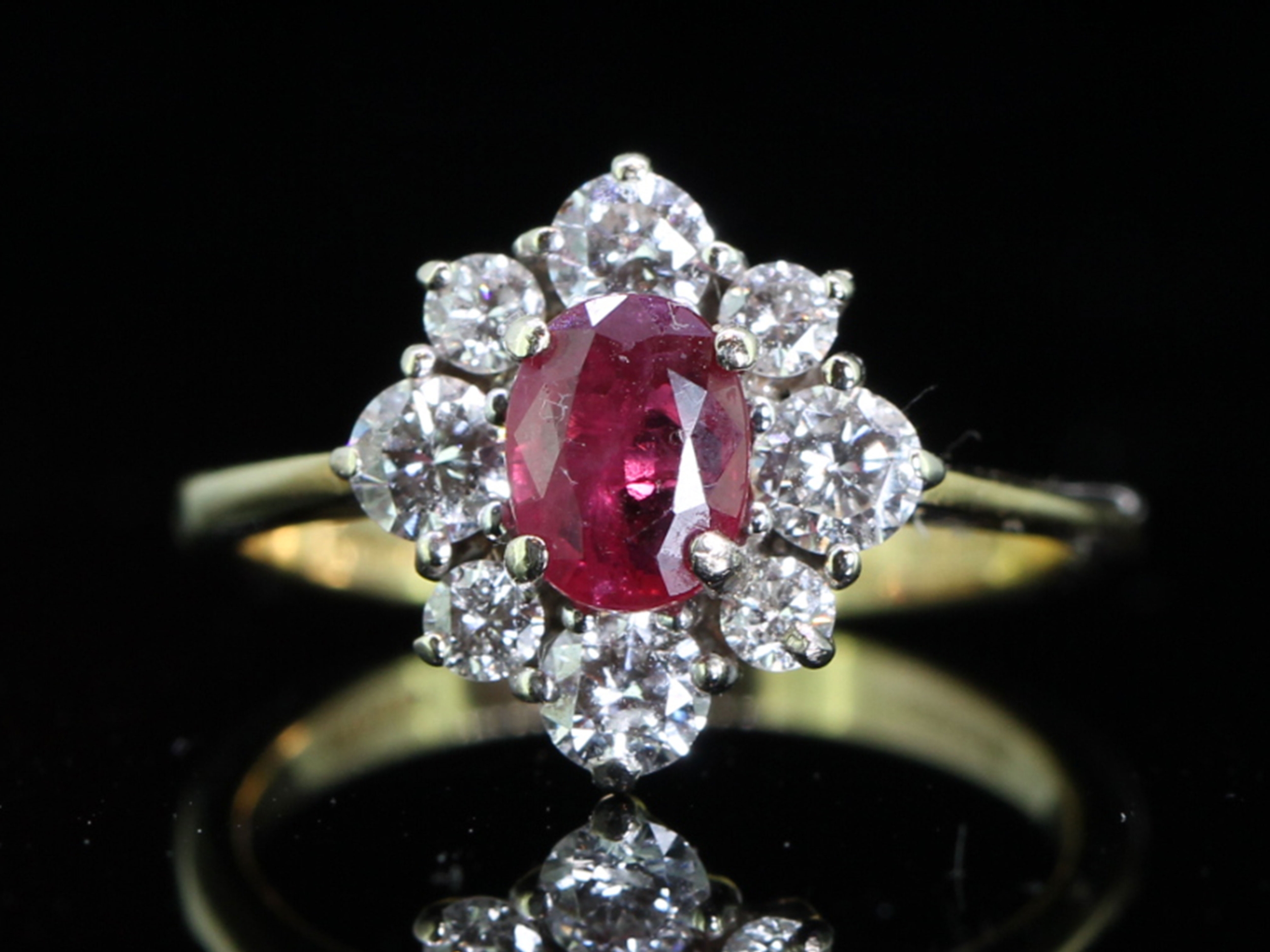 Unique ruby and diamond 18 carat gold cluster ring