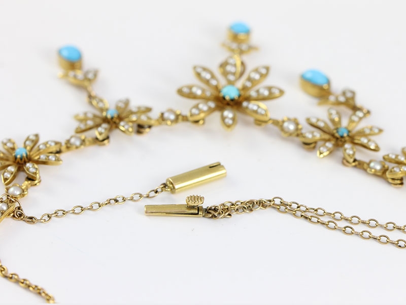 Fabulous edwardian turquoise and pearl 15 carat gold necklace 