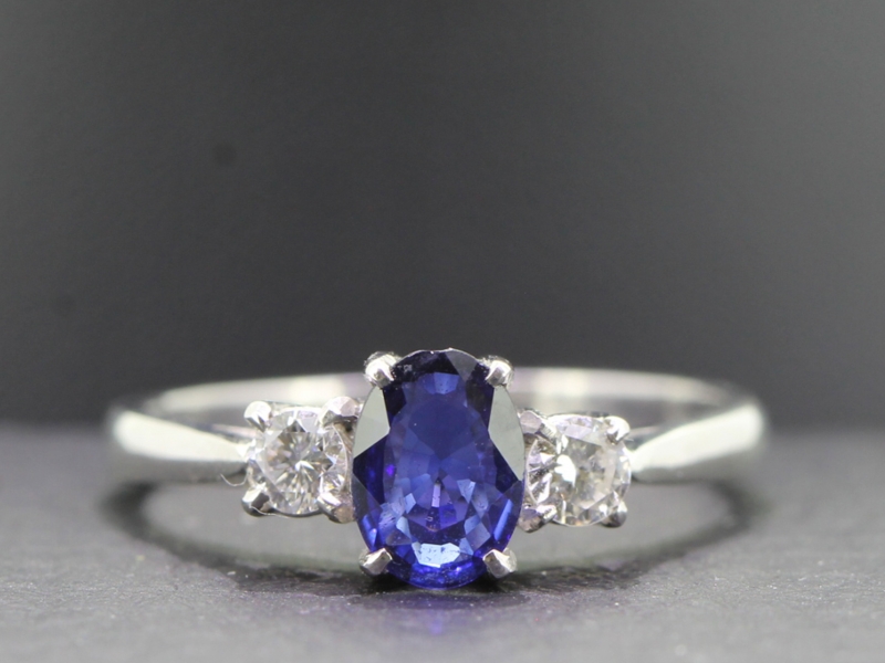  beautiful ceylon sapphire and diamond 18 carat gold trilogy ring