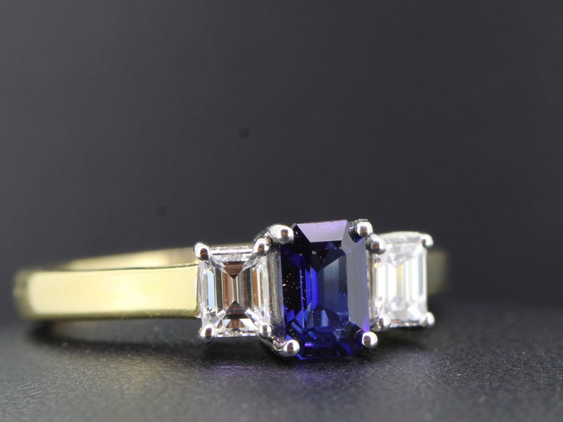  sophisticated sapphire and diamond 18 carat gold trilogy ring