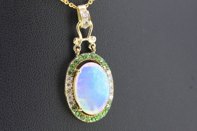 Pretty 18 carat gold russian demantoid garnet, opal and diamond pendant