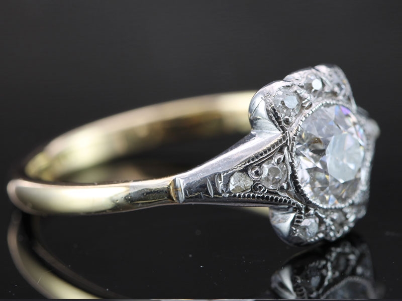 Stunning art deco transitional cut diamond platinum and 18 carat gold ring 