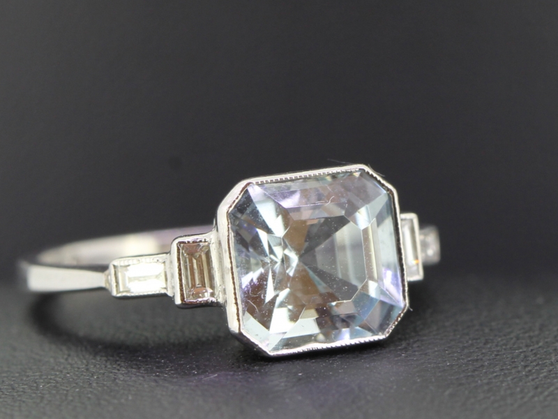 Beautiful aquamarine and diamond platinum art deco inspired ring